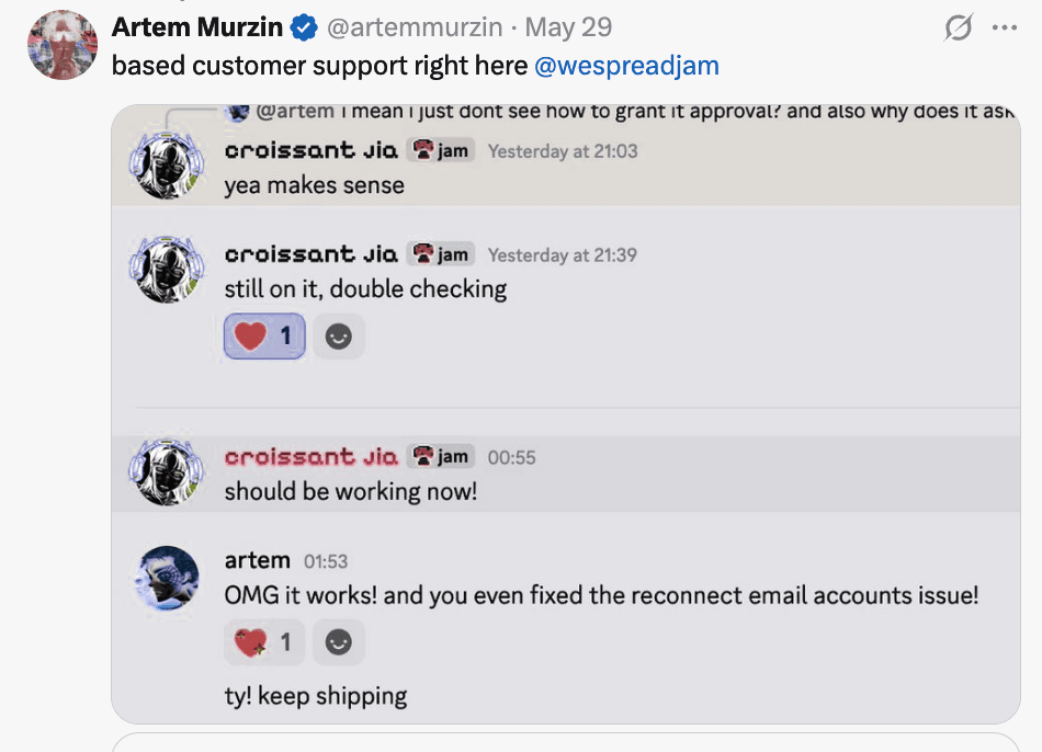 Tweet from Artem Murzin: based customer support right here @wespreadjam, with a Discord thread where the Jam team ships a fix overnight and Artem confirms it works.