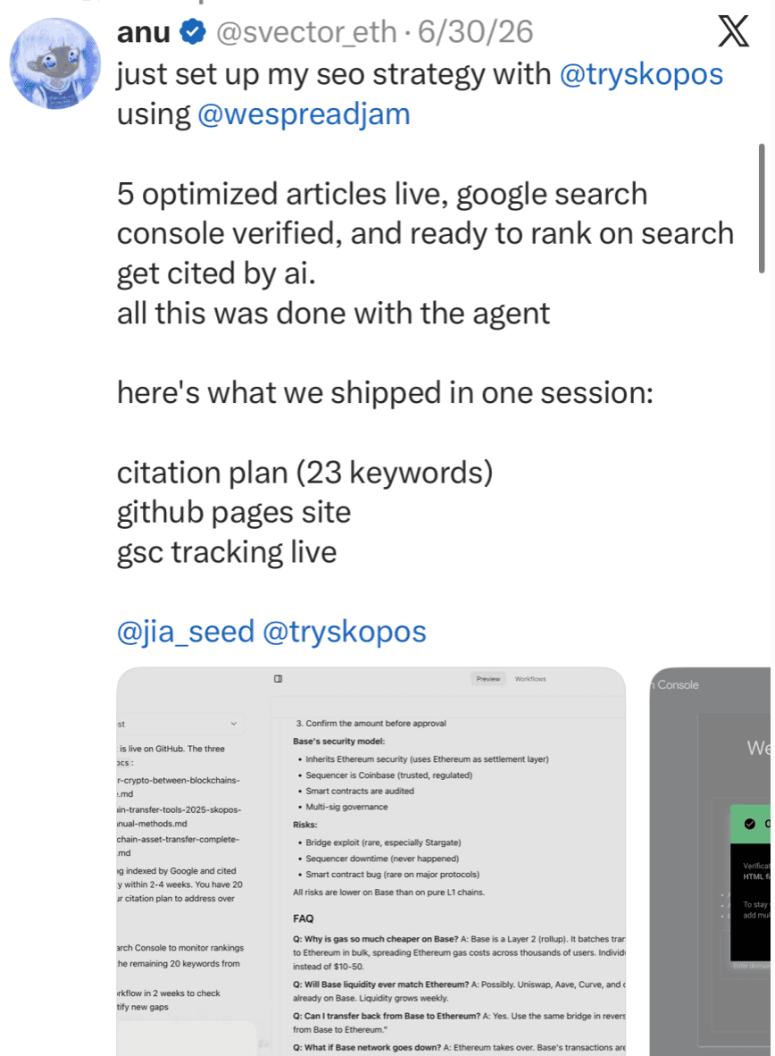 Tweet from @svector_eth: set up SEO strategy with Skopos using Jam, 5 optimized articles live, GSC verified, citation plan for 23 keywords, GitHub Pages site shipped in one session.